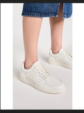 TORY BURCH SNEAKER CLOVER COURT LEATHER TITANIUM WHITE LOGO SZ US 9.5 NIB